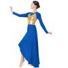 AFAVOM Praise Dance Dress for Women Metallic Gold Lyrical Dance Dress Long Sleeve Asymmetric Chiffon Flowy Skirt Shiny Liturgical Worship Dancewear Modern Contemporary Dance Costume Royal Blue XXL view 3