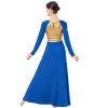 AFAVOM Praise Dance Dress for Women Metallic Gold Lyrical Dance Dress Long Sleeve Asymmetric Chiffon Flowy Skirt Shiny Liturgical Worship Dancewear Modern Contemporary Dance Costume Royal Blue XXL view 4