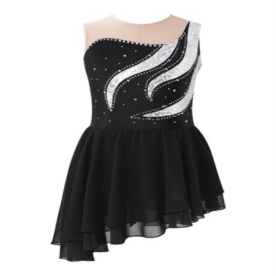 Shinsto Kids Girls Rhinestone Mesh Splice Figure Ice Skating Dress Gymnastic Leotard Dancewear Costume F0068#Black 8 Years
