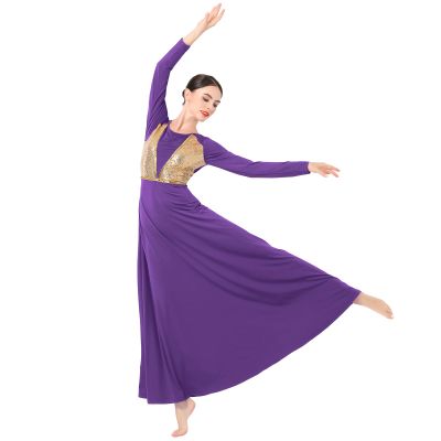 AFAVOM Praise Dance Dress for Women - Sequin Gold Lyrical Long Sleeve Shiny Metallic Loose Fit Full Length Liturgical Worship Dancewear Contemporary Costumes Purple 2XL