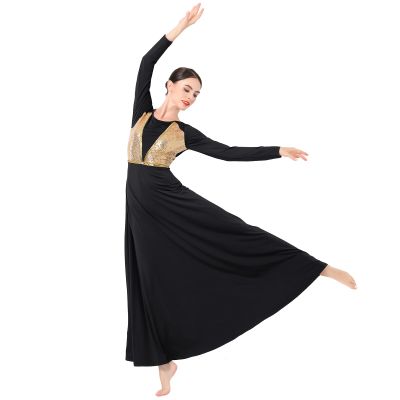 AFAVOM Praise Dance Dress for Women - Sequin Gold Lyrical Long Sleeve Shiny Metallic Loose Fit Full Length Liturgical Worship Dancewear Contemporary Costume Black XL