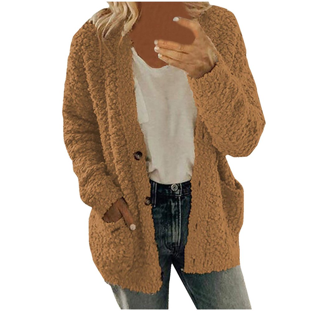 ZYXTIM Womens Oversized Sherpa Jackets Faux Fuzzy Fleece Long Sleeve Warm Fall Coat Plus Size Buttons Outerwear with Pockets Coffee