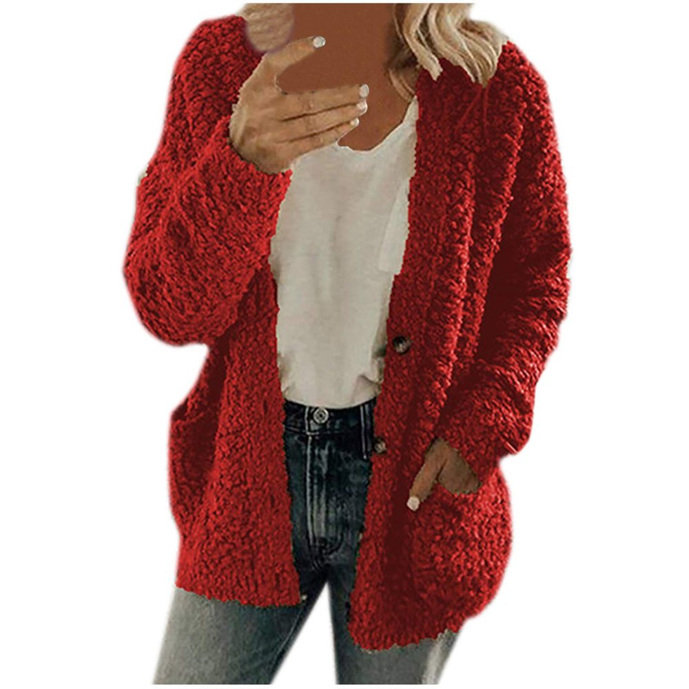 ZYXTIM Womens Oversized Sherpa Jackets Faux Fuzzy Fleece Long Sleeve Warm Fall Coat Plus Size Buttons Outerwear with Pockets Red