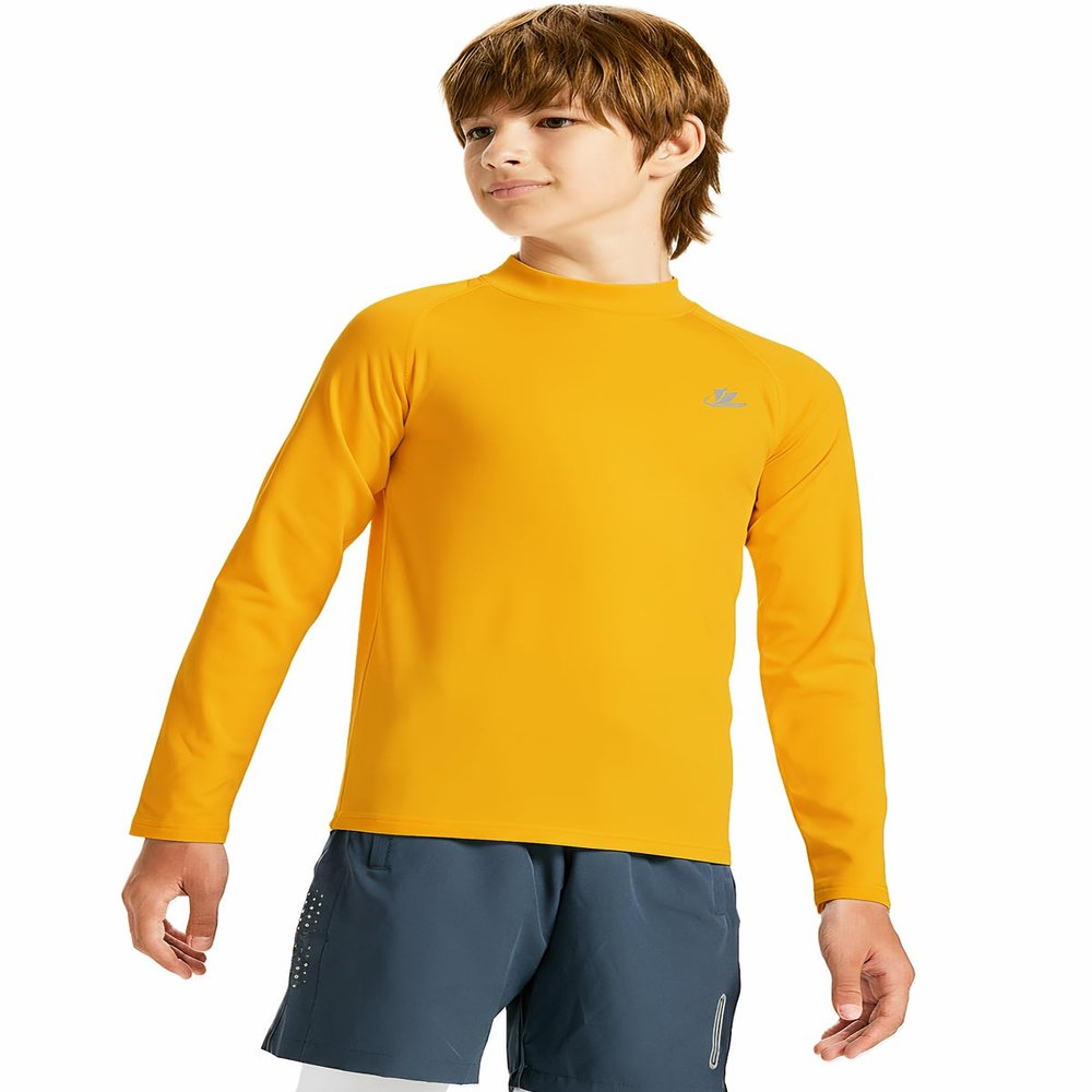 DEVOROPA Youth Boys Compression Thermal Shirts Long Sleeve Undershirt Fleece Baselayer Mock Top Gold S