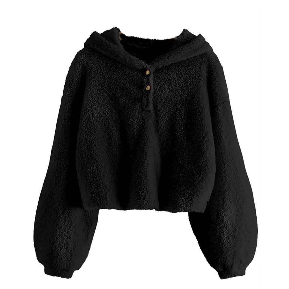 Kids Girl's Fuzzy Hoodies Warm Loose Button Down Pullover erpa Jacket Top Fall Winter Warm Button (Black, 7-8 Years)