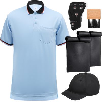 ShinyMatch 6 Pcs Baseball/Softball Umpire Accessories Set Including Umpire Shirt Hat Indicator Brush Ball Bag for Men Referee (Sky Blue,2X-Large)