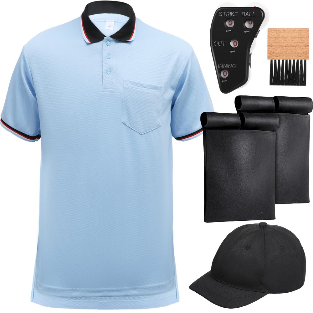 ShinyMatch 6 Pcs Baseball/Softball Umpire Accessories Set Including Umpire Shirt Hat Indicator Brush Ball Bag for Men Referee (Sky Blue,2X-Large)