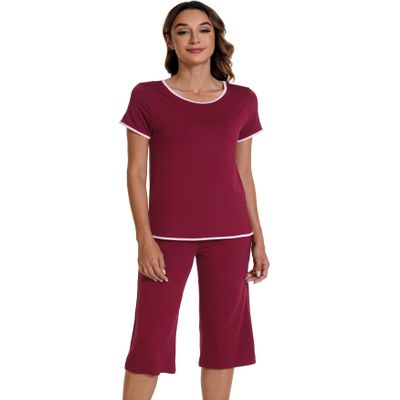 WiWi Pajamas for Women Soft Knit Capri Pants Pajama Sets Summer Pjs Sleepwear Comfy Lounge Set Viscose from Bamboo S-XXL, Wine, Medium