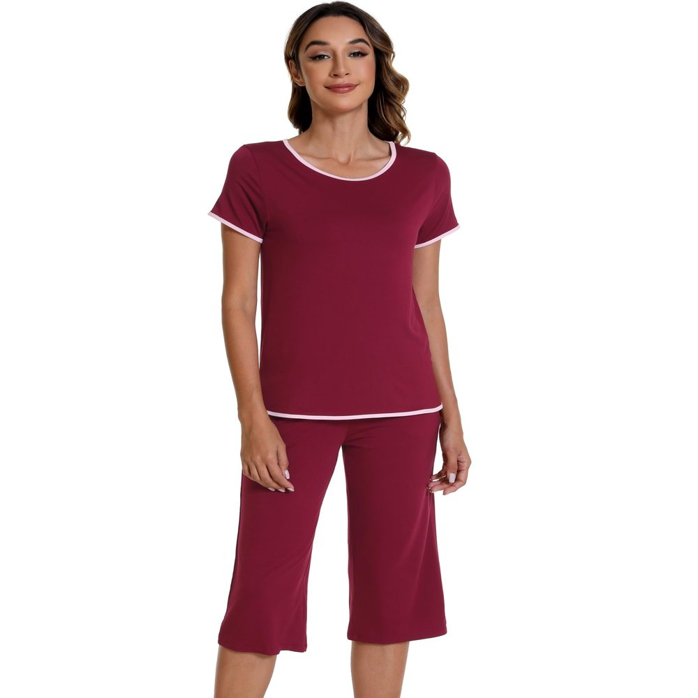 WiWi Pajamas for Women Soft Knit Capri Pants Pajama Sets Summer Pjs Sleepwear Comfy Lounge Set Viscose from Bamboo S-XXL, Wine, Medium