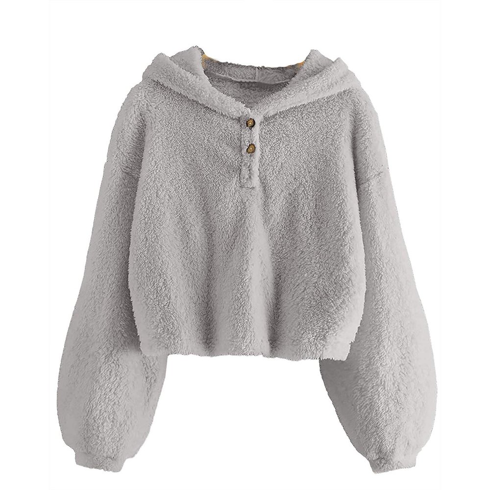 Kids Girl's Fuzzy Hoodies Warm Loose Button Down Pullover erpa Jacket Top Fall Winter Warm (Grey, 10-12 Years)