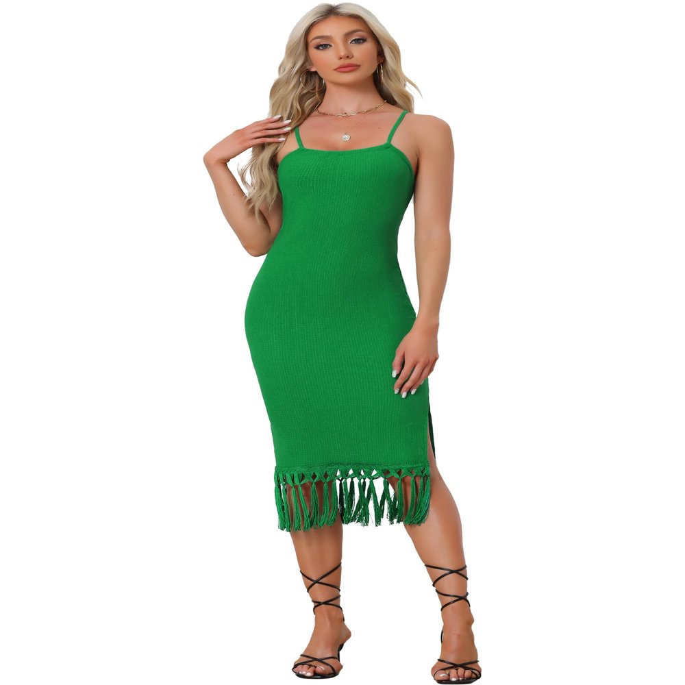 Allegra K Bodycon Fringe Hem Dress for Women's Spaghetti Strap Sleeveless Vacation Dress X-Small Green