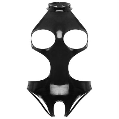 Loloda Women's PVC Leather Opening Breast Bodysuit Zipper Crotch Leotard Catsuit Clubwear Teddy Cutout Black B Small