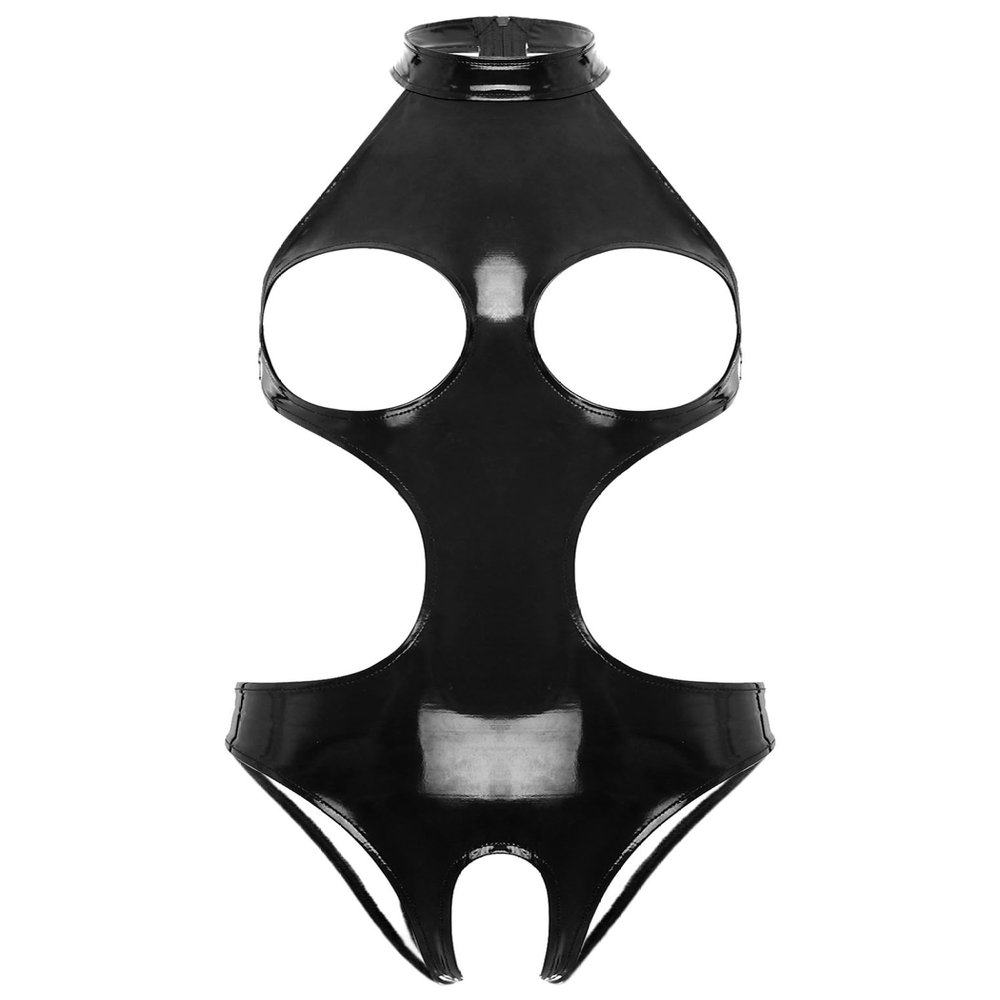 Loloda Women's PVC Leather Opening Breast Bodysuit Zipper Crotch Leotard Catsuit Clubwear Teddy Cutout Black B Small