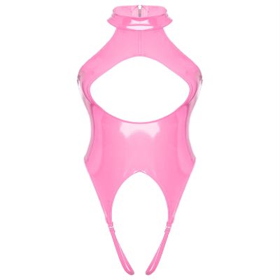 Loloda Women's PVC Leather Opening Breast Bodysuit Zipper Crotch Leotard Catsuit Clubwear Teddy Sleeveless Pink A X-Large