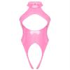 Loloda Women's PVC Leather Opening Breast Bodysuit Zipper Crotch Leotard Catsuit Clubwear Teddy Sleeveless Pink A X-Large view 1