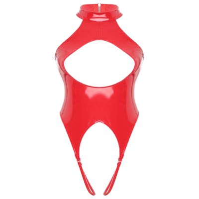 Loloda Womens PVC Leather Open Crotch Teddy One Piece Cupless Bodysuit Catsuit Leotard Swimsuit CrotchlessRed A X-Large