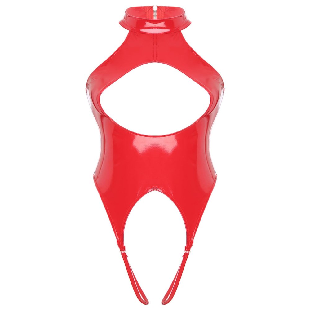 Loloda Womens PVC Leather Open Crotch Teddy One Piece Cupless Bodysuit Catsuit Leotard Swimsuit CrotchlessRed A XX-Large