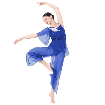 AFAVOM Lyrical Dance Costume for Women - Sequin Flower Dress, Sheer Mesh One Shoulder Wide Leg Jumpsuit, Ballet Leotard, Contemporary Dancewear - Royal Blue S