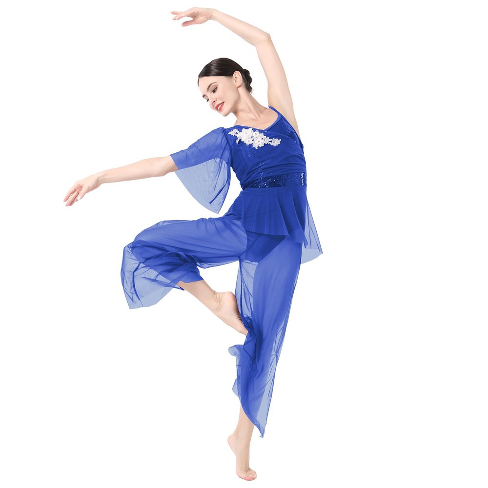 AFAVOM Lyrical Dance Costume for Women - Sequin Flower Dress, Sheer Mesh One Shoulder Wide Leg Jumpsuit, Ballet Leotard, Contemporary Dancewear - Royal Blue S