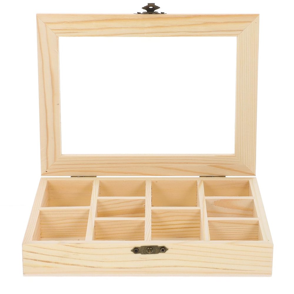 Alipis Children S Diy Wooden Jewelry Box with 10 Compartments Clear Lid Unfinished Craft Storage Organizer for Kids Small Toys and Accessories