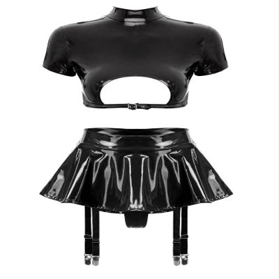 Hularka Women's Sexy Lingerie Patent Leather Outfits 2 Piece Cut Out Crop Top with Skorts Skirt Black 3X-Large