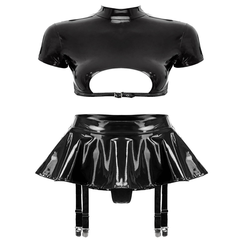 Hularka Women's Sexy Lingerie Patent Leather Outfits 2 Piece Cut Out Crop Top with Skorts Skirt Black 3X-Large