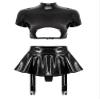 Hularka Women's Sexy Lingerie Patent Leather Outfits 2 Piece Cut Out Crop Top with Skorts Skirt Black 3X-Large view 1