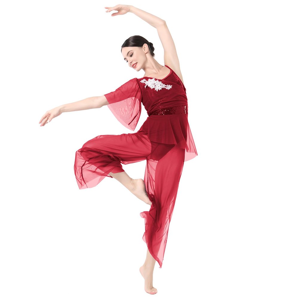AFAVOM Lyrical Dance Costume for Women Sequin Flower Lyrical Dance Dress Sheer Mesh One Shoulder Wide Leg Jumpsuit Pants One Piece Ballet Leotard Dancewear Contemporary Dance Costumes Dark Red XL
