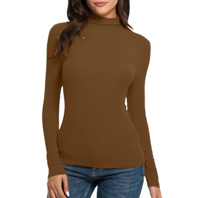 Womens Mock Turtleneck Tops Long Sleeve Fleece Lined Undershirt Lightweight Winter Fall Thermal Base Layer T Shirt Brown