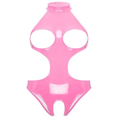 Loloda Womens PVC Leather Open Crotch Teddy One Piece Cupless Bodysuit Catsuit Leotard Swimsuit Cutout Pink B 3X-Large