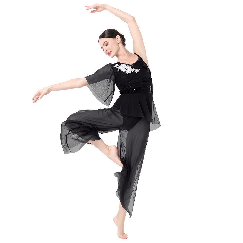 AFAVOM Sequin Flower Lyrical Dance Costume - One Shoulder Jumpsuit With Sheer Mesh Wide-Leg Pants, Ballet Leotard Dancewear for Women, Contemporary Outfit - Black S
