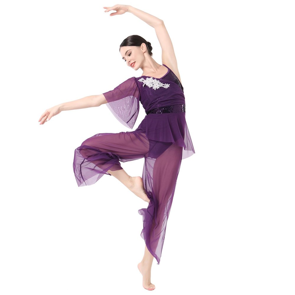 AFAVOM Lyrical Dance Costume for Women Sequin Flower Lyrical Dance Dress One Shoulder Lyrical Jumpsuit Split Sheer Mesh Wide-Leg Pants Ballet Leotard Dancewear Contemporary Dance Costumes Purple XS