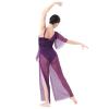 AFAVOM Lyrical Dance Costume for Women Sequin Flower Lyrical Dance Dress One Shoulder Lyrical Jumpsuit Split Sheer Mesh Wide-Leg Pants Ballet Leotard Dancewear Contemporary Dance Costumes Purple XS view 2