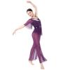 AFAVOM Lyrical Dance Costume for Women Sequin Flower Lyrical Dance Dress One Shoulder Lyrical Jumpsuit Split Sheer Mesh Wide-Leg Pants Ballet Leotard Dancewear Contemporary Dance Costumes Purple XS view 3
