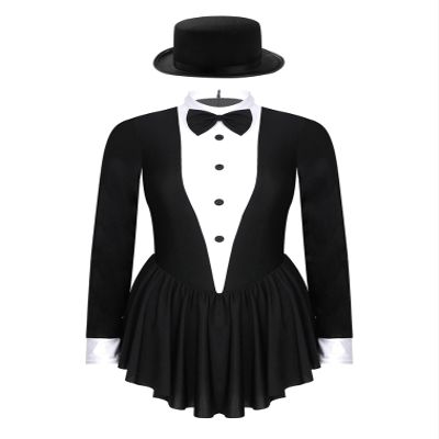 FEESHOW Women's Tuxedo Bodysuit Leotard Figure Ice Skating Dress Long Sleeve Modern Ballet Dancewear with Hat Black Medium
