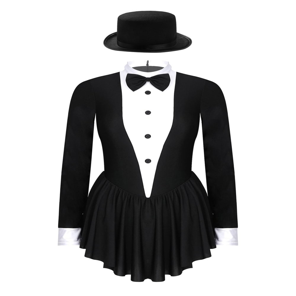 FEESHOW Women's Tuxedo Bodysuit Leotard Figure Ice Skating Dress Long Sleeve Modern Ballet Dancewear with Hat Black Medium