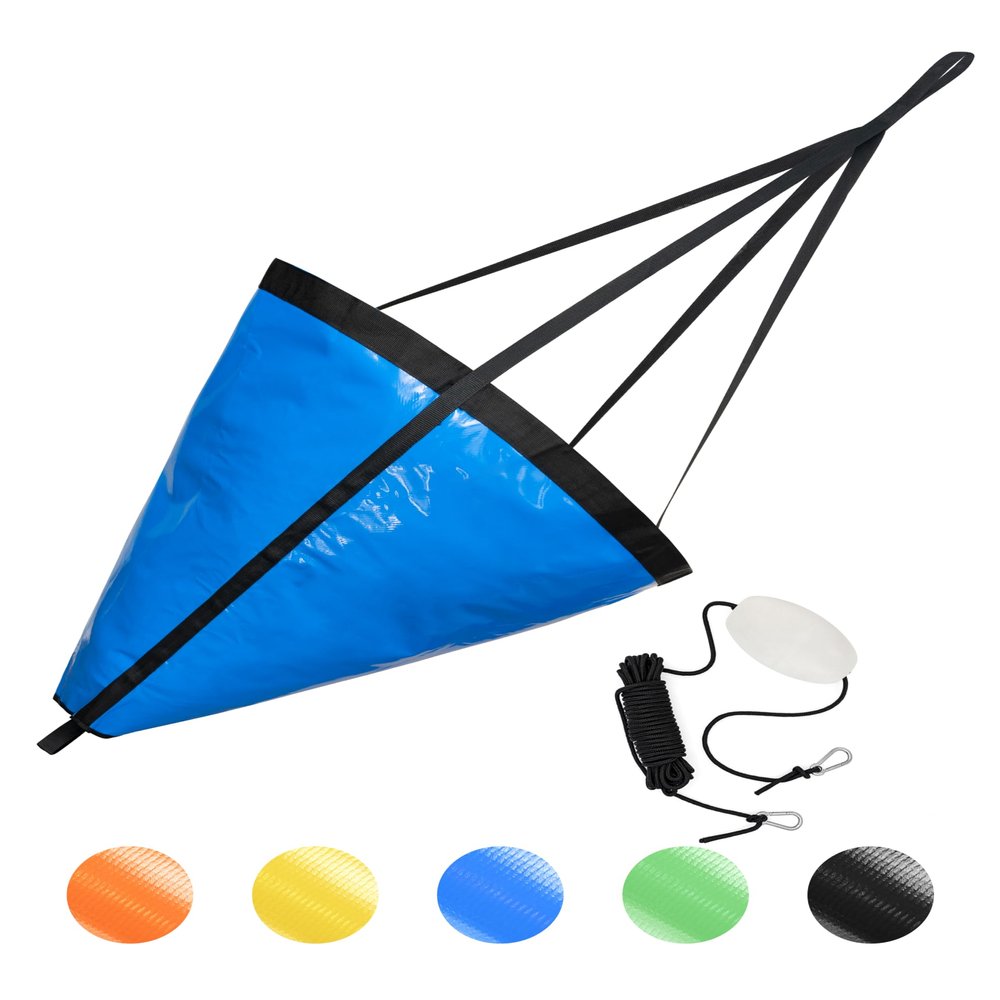 BLUEWING 32" Drift Sock Sea Anchors with Buoy Ball Float Leash 840D Nylon Parachute Fishing Drogue for Marine/Jet Ski/Sail Boat Blue