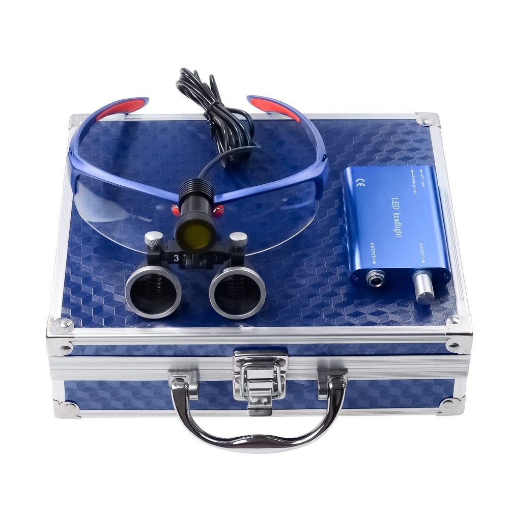 EustomA 3.5X Binocular Loupes Non-Slip Magnifier with 5W LED Light Clip on Headlight Two Clips Optical Glass Headlamp DY-409 (Blue)
