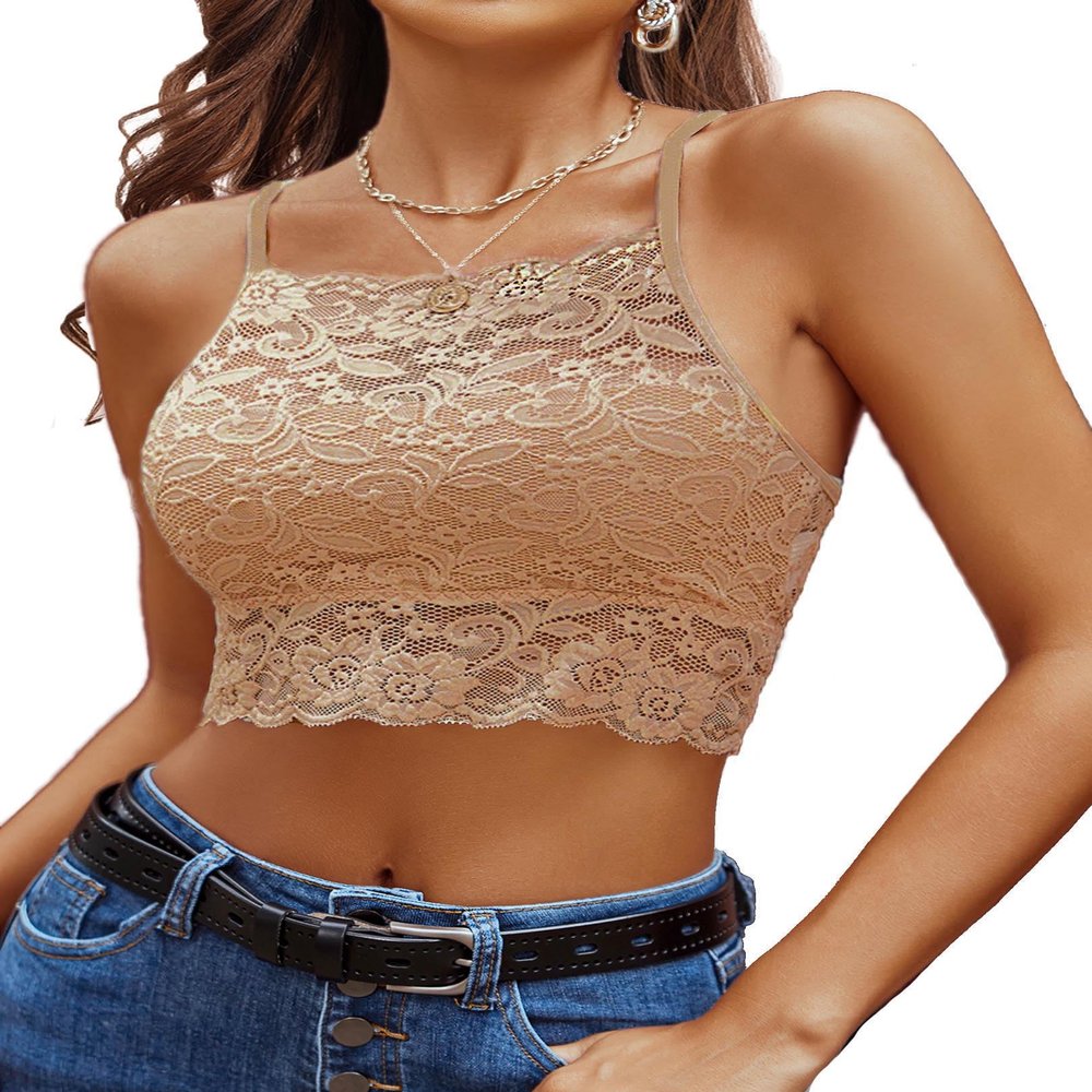 Avidlove Lace Bralette Lace Bra Camisoles Top for Women Racerback Double-Layered High Neck Crop Top Khaki XL