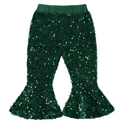 ODOLDI Girls Green Sequin Flare Pants Toddler Velvet Bell Bottoms Baby Sparkly Christmas Holiday Birthday Party Shiny Flared Pants Glitter Dark Green 12-18 Months