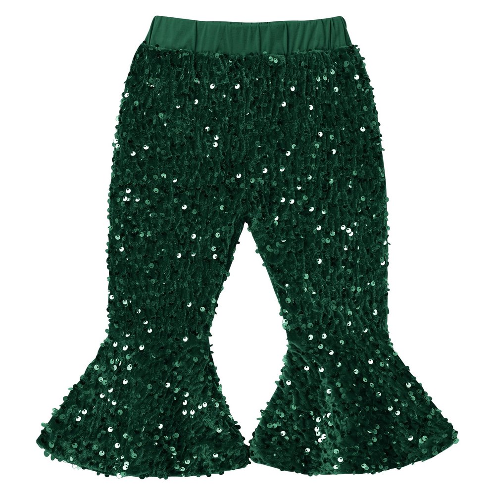 ODOLDI Girls Green Sequin Flare Pants Toddler Velvet Bell Bottoms Baby Sparkly Christmas Holiday Birthday Party Shiny Flared Pants Glitter Dark Green 12-18 Months