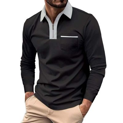 Mens Long Sleeve Zipper Polo Shirts Casual Lapel Collar Zip Up Henley Shirts Cotton Sports Golf Tennis T-Shirts with Pockets Dark Gray