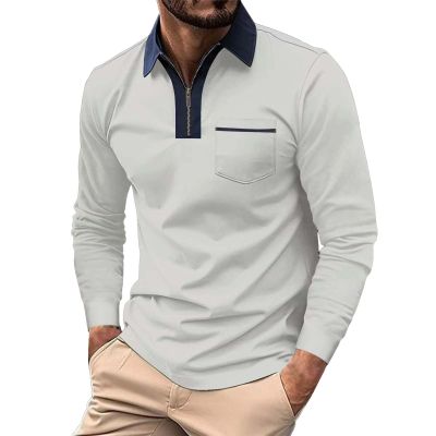 Mens Long Sleeve Zipper Polo Shirts Casual Lapel Collar Zip Up Henley Shirts Cotton Sports Golf Tennis T-Shirts with Pockets Grey