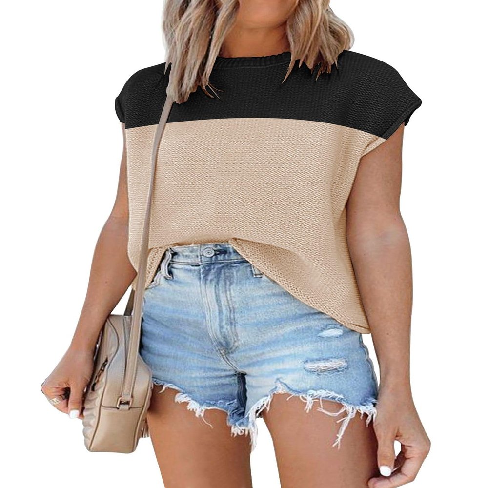 Disamer Cap Sleeve Knit Sweater Tops Sleeveless Vest 2026 Spring Clothes Oversized Summer Tank Trendy Short Sleeve T Shirts,Color Black,Small