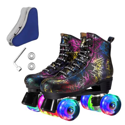 Ugboiu Roller Skates for Men and Women - Black Derby With 4 Shiny Wheels, Classic Double-Row for Indoor and Outdoor Use