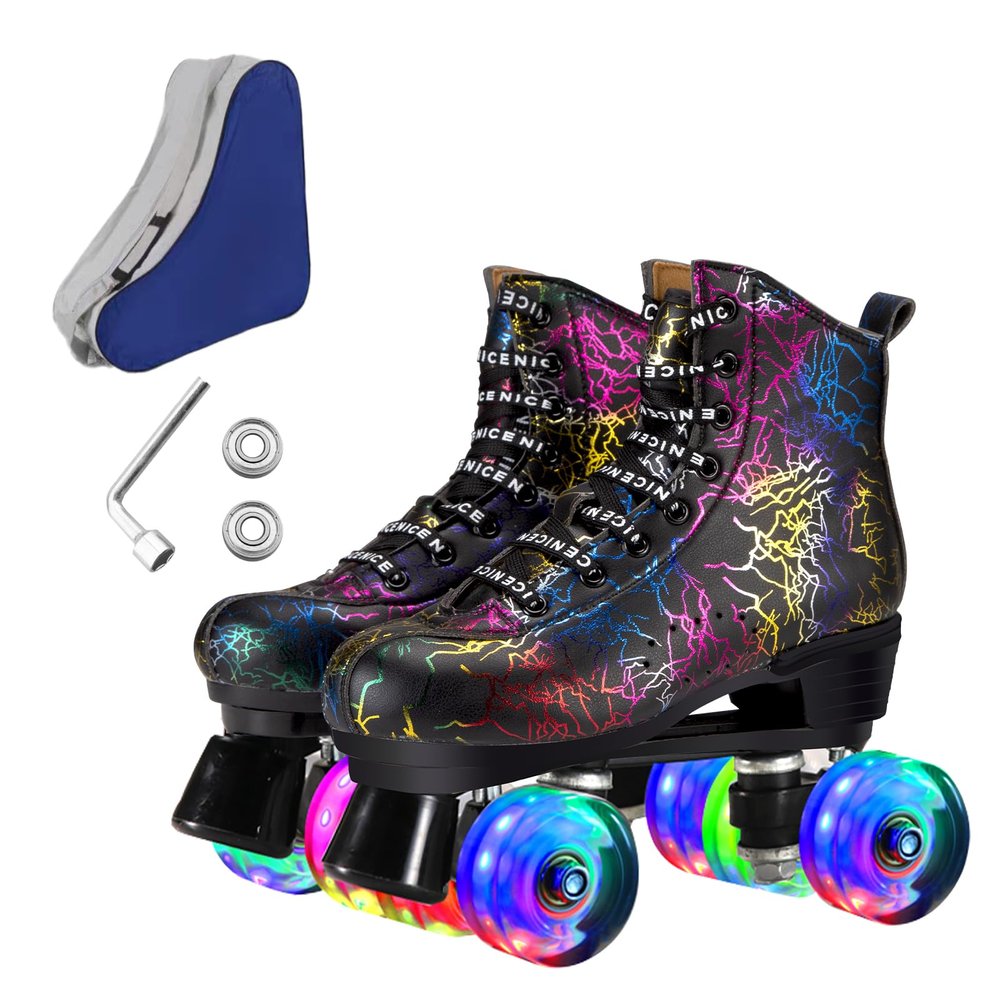 Ugboiu Roller Skates for Men and Women - Black Derby With 4 Shiny Wheels, Classic Double-Row for Indoor and Outdoor Use