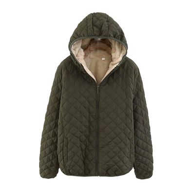 JEsilunmaMY Women's Diamond Fleece Lined Quilted Jacket Slim Hooded Sherpa Jacket with Pocket Solid Color Winter Padded Coats (Army Green,3X-Large)