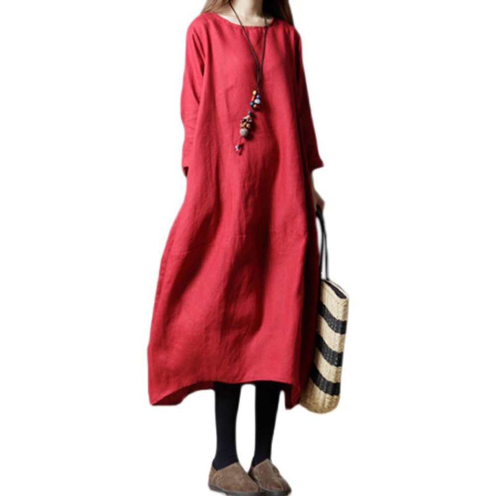 Bestgift Women's Dresses Loose Plus Size Casual Cotton Linen Long Section Long Sleeve Round Neck Long Dresses Red 2XL