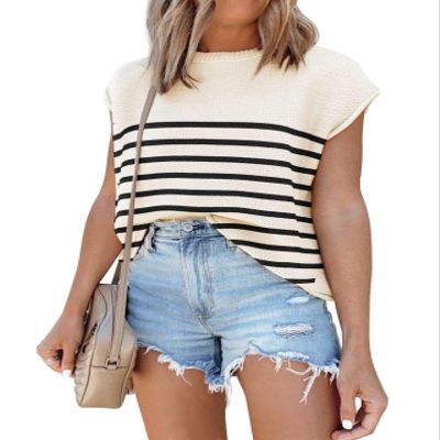 Disamer Cap Sleeve Knit Sweater Tops Sleeveless Vest 2026 Spring Clothes Oversized Summer Tank Trendy Short Sleeve T Shirts,Stripe Apricot,Medium