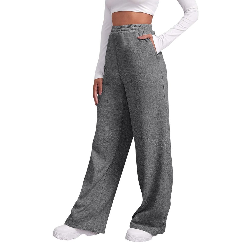 Women Wide Leg Baggy Sweatpants With Pockets Plus Size Fleece Lined Flare Winter Casual Loose Joggers Drawstring Elastic Waist Athletic Pants Comfy Lounge Pants
